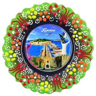 Kusadasi Themed Turkish Ceramic Plate With Epoxy 12 Cm - 10
