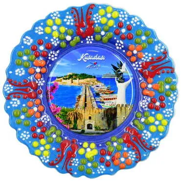 Kusadasi Themed Turkish Ceramic Plate With Epoxy 12 Cm - 11