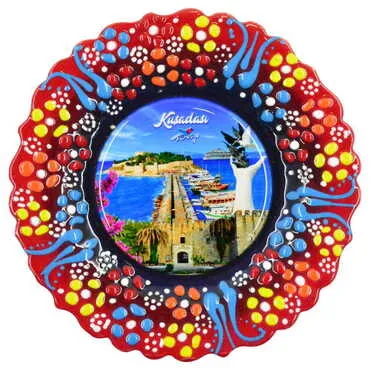 Kusadasi Themed Turkish Ceramic Plate With Epoxy 12 Cm - 12