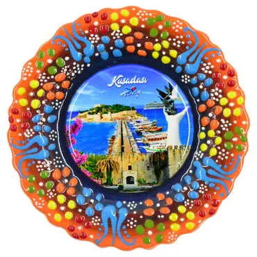 Kusadasi Themed Turkish Ceramic Plate With Epoxy 12 Cm - 13