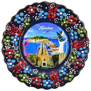 Kusadasi Themed Turkish Ceramic Plate With Epoxy 12 Cm - 14