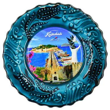 Kusadasi Themed Turkish Ceramic Plate With Epoxy 12 Cm - 15