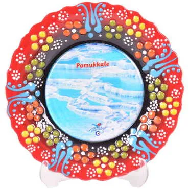 Pamukkale Themed Turkish Ceramic Plate With Epoxy 12 Cm - 6