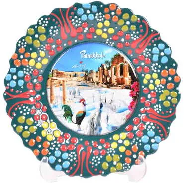 Pamukkale Themed Turkish Ceramic Plate With Epoxy 12 Cm - 10