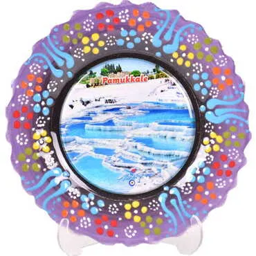 Pamukkale Themed Turkish Ceramic Plate With Epoxy 12 Cm - 20