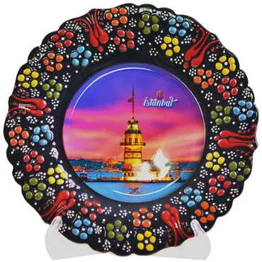 Istanbul Themed Turkish Ceramic Plate With Epoxy 18 Cm - 8