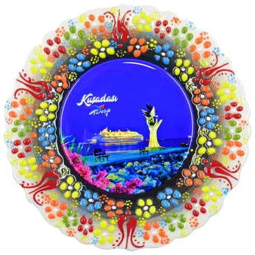 Toptan Kuşadası Temalı Çini Myros Resim Tabak 18 cm - 14