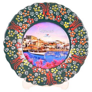 Marmaris Themed Turkish Ceramic Plate With Epoxy 18 Cm - 11