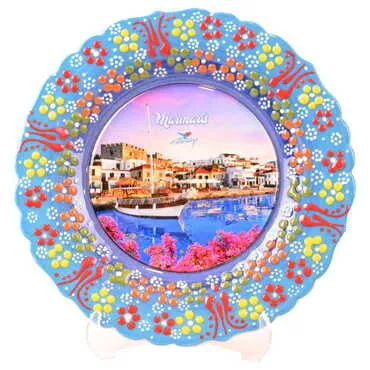 Marmaris Themed Turkish Ceramic Plate With Epoxy 18 Cm - 12