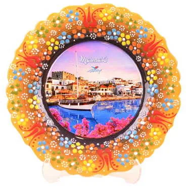Marmaris Themed Turkish Ceramic Plate With Epoxy 18 Cm - 13